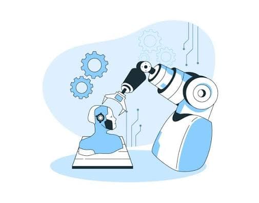 Ilustración de un brazo robótico trabajando sobre una cabeza robot